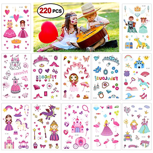 Konsait Princesa niña Tatuajes Temporales niños, 220 Surtidos Castillo Unicornio Tatuajes temporales Pegatinas para Niñas Infantiles Fiesta de cumpleaños Regalo piñata