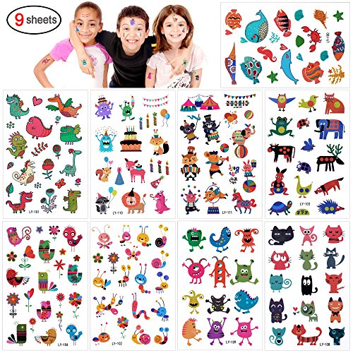 Konsait Tatuajes Temporales para Niños Niñas, 160pcs Dibujos Animados Animal Tatuaje Falso Pegatinas Flor Mariposa piñata Niños Infantiles Fiesta de cumpleaños Regalo Bolsas Relleno