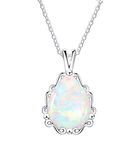 KristLand - Piedra de Luna S925 Plata Esterlina Collar con Fuego Opalo Blanco Forma Gota de Agua Dije 10MM /13MM 10MM