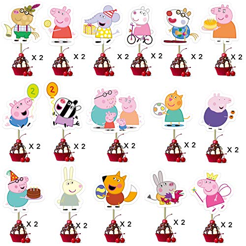 KRUCE 32 PC Peppa Pig Cake Toppers para niños Suministros de Fiesta de cumpleaños Decoración de Pasteles