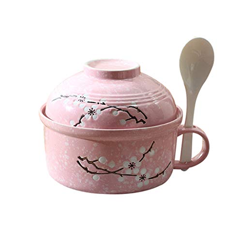 KSWD Tazones de consomé Tazón para Sopa con asa Sopera Bol Cuenco Taza Estilo japones Gran Capacidad Fideos instantáneos Cerámico con Tapa Cuchara Microonda Horno Fácil de Limpiar,Pink