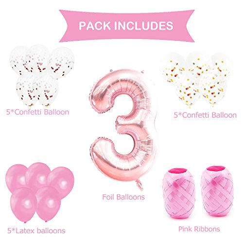 KUNGYO Decoraciones de Fiesta de Cumpleaños para Adultos y Niños, Oro Rosa Gigante Número 3 y Estrella de Helio Globos, Cintas, Globos de Confeti de Látex- Rose Gold Suministros de Fiesta