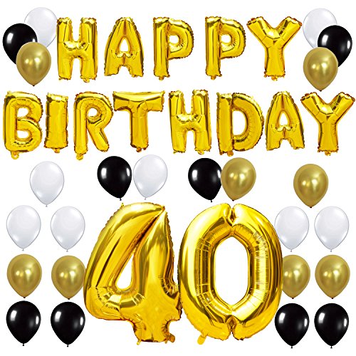 KUNGYO Letras Tipo Balón Doradas Happy Birthday+Número 40 Mylar Foil Globo+24 Piezas Negro Oro Blanco Globo de Látex 40 Años de Antigüedad Fiesta de Cumpleaños Decoraciones