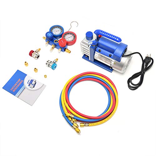 Kwasyo Bomba de Vacío 3CFM,1/4HP, Juego de Manómetros Diagnósticos, para la Reparación de Equipos de Aire Acondicionado y Refrigeración Ideal para R22, R134a, R410A, R407C