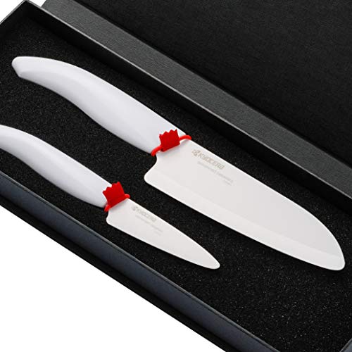 KYOCERA Set FK-2PC-WH-WH, Juego pelar, Cuchillo Santoku, Hoja de cerámica circonio, Afilado a Mano, Ligero, no corrosivo, Apto para lavavajillas, Mango Blanco, 7.5 cm + 14 cm