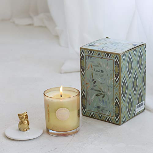 La Jolíe Muse Vela aromática, Cera de Soja, Fragancia Dulce de Guisante & Lila, Cristal Iridiscente y Detalle de búho. 