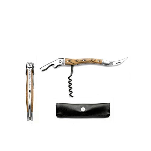 LAGUIOLE Sacacorchos Sommelier 3 funciones Laguiole con su funda de cuero look :Sacacorchos de madera exótica y mecha de acero templado con 5 espirales Abrelatas Abrebotellas