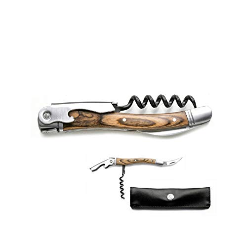 LAGUIOLE Sacacorchos Sommelier 3 funciones Laguiole con su funda de cuero look :Sacacorchos de madera exótica y mecha de acero templado con 5 espirales Abrelatas Abrebotellas