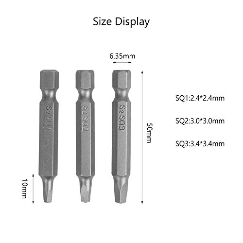 LAITER 9 piezas Puntas de destornillador de cabeza cuadrada magnéticas 1/4 ″ Varilla de vástago hexagonal Broca SQ1 SQ2 SQ3 Destornillador Destornillador 50 mm de largo Acero al carbono S2