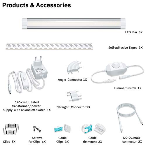 lampaous LED Gabinete lámpara blanco frío regulable – Fregadero Leuchten iluminación Armario vitrina Leuchten Cocina lámpara 42 SMD 3 Pack 12 W 12 V DC