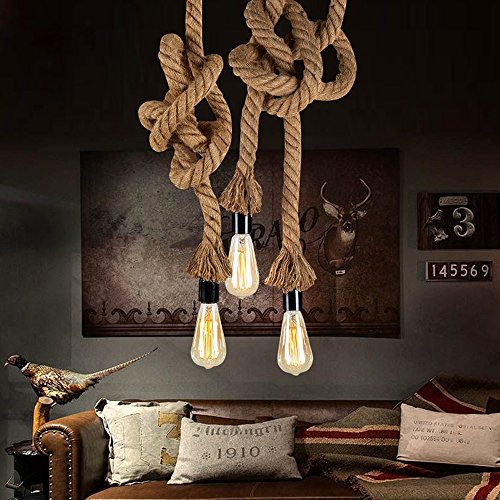 Lámpara de techo colgante de cáñamo de doble cabeza Luz de techo colgante industrial retro led E27 150cm longitud lámpara colgante vintage para cafeterías, restaurantes, bares
