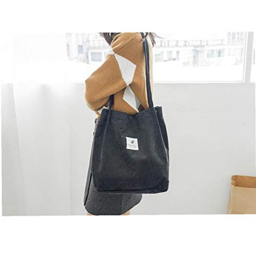 Las Mujeres Pana totalizador de la Lona Casual de Las señoras de Hombro Bolsa Reutilizable Plegable Cesta de la Compra Bolsa de Playa Femenino Bolso de Tela de algodón (Negro)