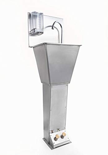 Lavamanos industrial acero inoxidable con doble pedal mezclador agua fría/caliente, dosificador de jabón y caño giratorio.