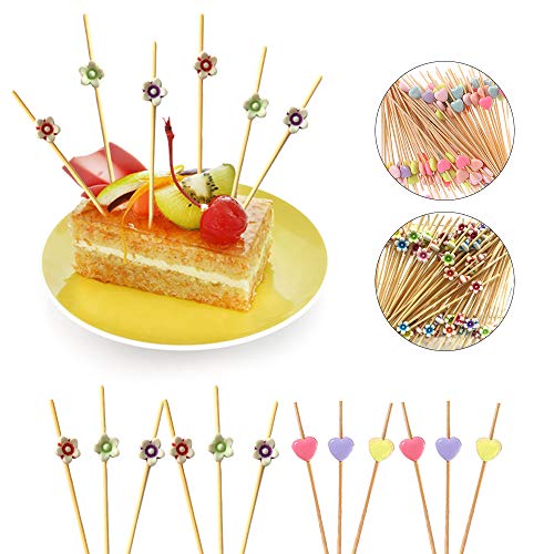 Ldawy Palitos de cóctel, 200 cuentas Palillos de cóctel de 4.7 Palitos de bambú natural hechos a mano para cócteles Aperitivos Frutas Postres Artículos de fiesta (Flor y corazón)