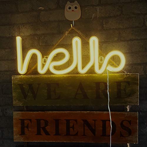 LED Hola, Forma de neón Signo de palabra Letras de neón Luces decorativas de arte Decoración de la pared para la habitación del bebé Suministros de fiesta de bodas de Navidad (Blanco cálido)