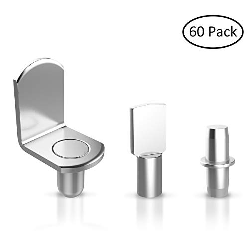 LegendTech 60 Piezas Soporte de Baldas, Armario de Acero Inoxidable Pinzas, Soporte para Estante, 3 Estilos, para Estantería Armario Muebles, 5mm, Color Plata