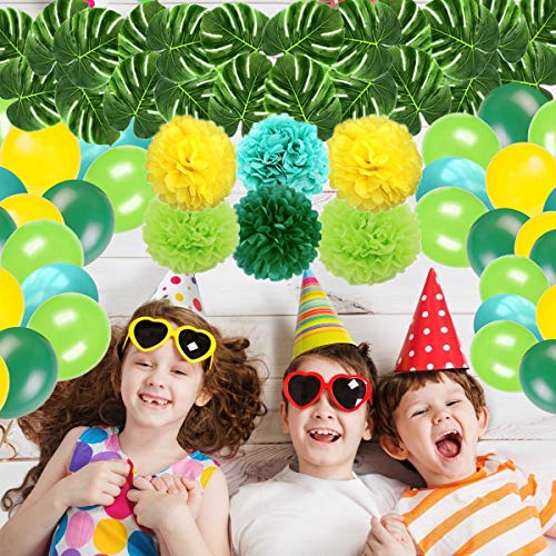 Lehoo Castle Decoración de Fiesta de Dinosaurio, Juego de artículos de Fiesta de 63 Piezas para niños, Decoraciones de cumpleaños para niños, Globos de Feliz cumpleaños, Flores de Pompones