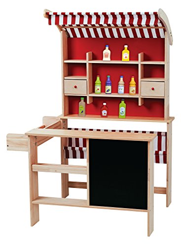 Leomark Juguete de Madera para Niños, Un Mercado con UnToldo y Productos Alimenticios