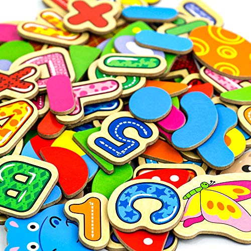 Letras Magneticas Niños Pizarra Magnética Infantil 90 Piezas Tablero Magnético de Dibujo de Madera de Doble Cara Rompecabezas Juguetes Educativos para Niños (Número y Letra)
