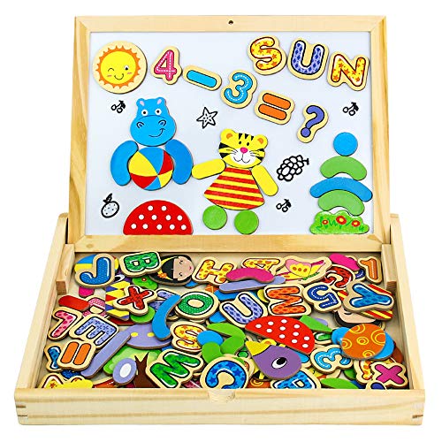 Letras Magneticas Niños Pizarra Magnética Infantil 90 Piezas Tablero Magnético de Dibujo de Madera de Doble Cara Rompecabezas Juguetes Educativos para Niños (Número y Letra)