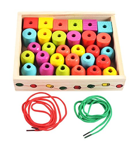 Lewo Madera Gran Jumbo Cuentas de Encaje para niños Montessori Juguetes educativos 30 Piezas con 2 Lazos