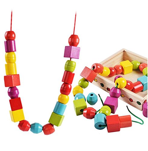 Lewo Madera Gran Jumbo Cuentas de Encaje para niños Montessori Juguetes educativos 30 Piezas con 2 Lazos