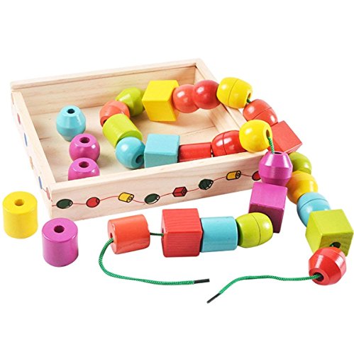 Lewo Madera Gran Jumbo Cuentas de Encaje para niños Montessori Juguetes educativos 30 Piezas con 2 Lazos