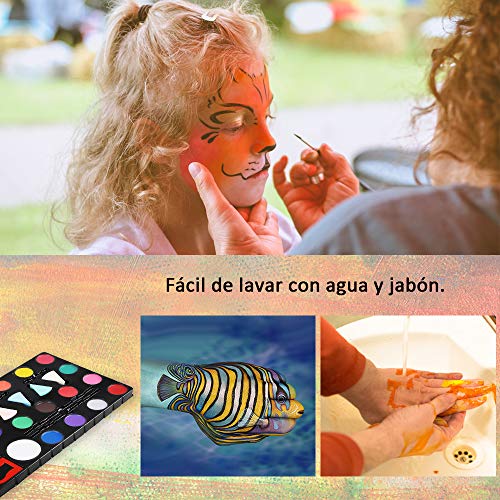 Lictin Pinturas Cara y Corporales-16 Colores+ 4 Cepillos Colores+ 4 Esponjas 2 Brillos + 2 Horquillas+ 60 Moldes, Pintura Facial Corporales Seguro y Saludable Pintura Facial Lavable para Halloween
