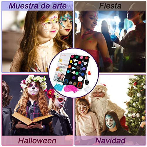 Lictin Pinturas Cara y Corporales-16 Colores+ 4 Cepillos Colores+ 4 Esponjas 2 Brillos + 2 Horquillas+ 60 Moldes, Pintura Facial Corporales Seguro y Saludable Pintura Facial Lavable para Halloween