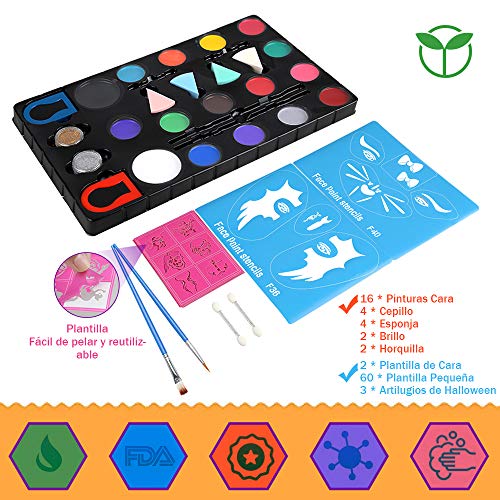 Lictin Pinturas Cara y Corporales-16 Colores+ 4 Cepillos Colores+ 4 Esponjas 2 Brillos + 2 Horquillas+ 60 Moldes, Pintura Facial Corporales Seguro y Saludable Pintura Facial Lavable para Halloween