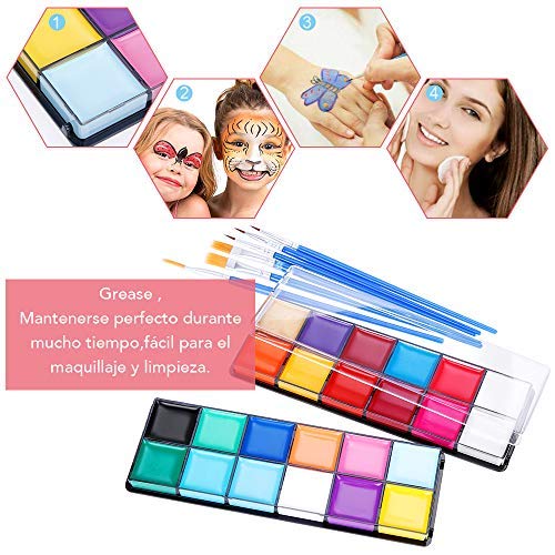 Lictin Pinturas Cara y Corporales-24 Colores + 50 Moldes + 6 Cepillos, Pintura Facial Corporales Seguro y Saludable Pintura Facial Lavable para Halloween
