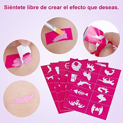 Lictin Pinturas Cara y Corporales-24 Colores + 50 Moldes + 6 Cepillos, Pintura Facial Corporales Seguro y Saludable Pintura Facial Lavable para Halloween