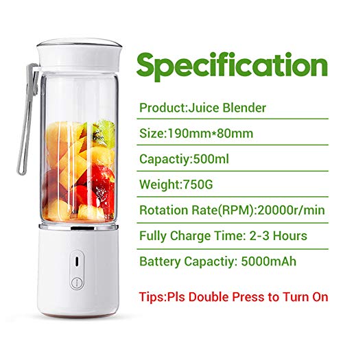 Licuadora Portátil, Vidrio Mini Batidora Exprimidor Eléctrico Extractor de Vaso, Fruta, Verdura, Smoothies, Milkshake, Recargable con USB, para Turismo, Deportes, 500ml