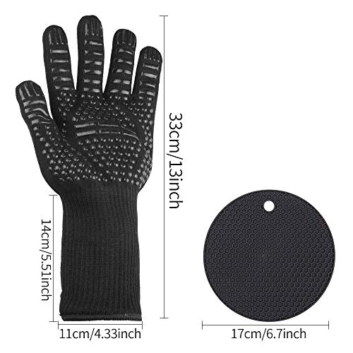 Liesun Guantes de Barbacoa, Guantes para Horno, Antideslizante Guantes de Horno Térmica hasta 1472°C/ 800°C, tamaño Universal, para Barbacoa, Microondas Hornear, Regalar un Almohadilla de Silicona.