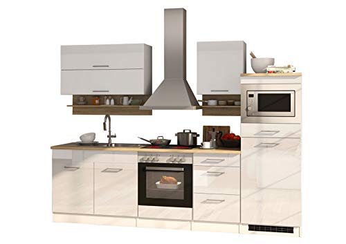 Lifestyle4living - Bloque de cocina con electrodomésticos (270 cm), color blanco brillante y roble