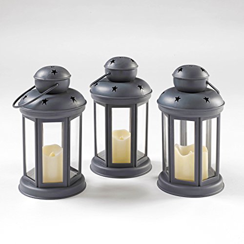 Lights4fun Conjunto de 3 farolillos Gris con Vela LED a Pilas