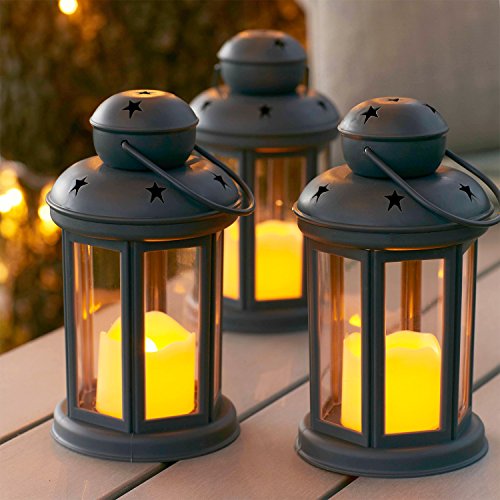 Lights4fun Conjunto de 3 farolillos Gris con Vela LED a Pilas