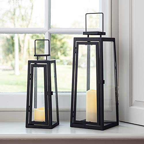 Lights4fun - Juego de 2 Farolillos de Metal Negro con Velas LED para Interiores y Exteriores