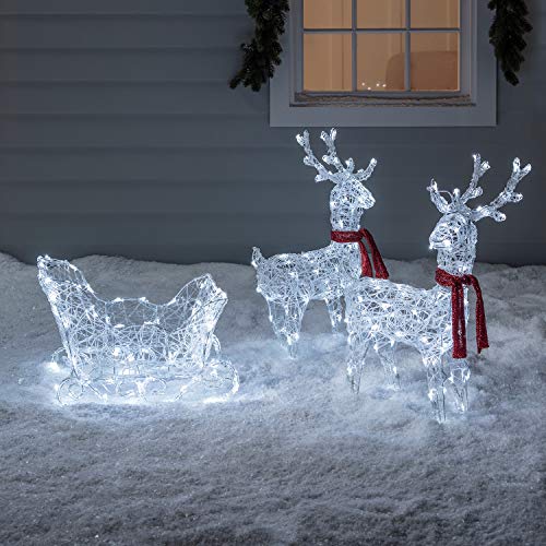 Lights4fun - Trineo y Renos Luminosos con LED Blancos a Pilas para Interiores y Exteriores