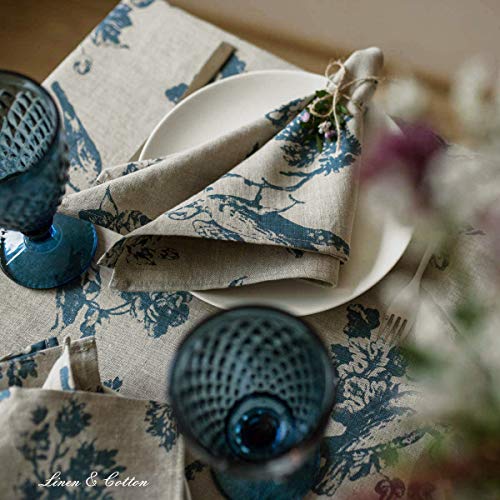 Linen & Cotton Servilletas de Mesa de Madera Decoración de la Mesa Flores Diseño Floral -100% Lino, Azul Beige Natural (43 x 43cm) Shabby Chic Vintage Rústico para el Hogar Sala de Estar Campo Cabaña