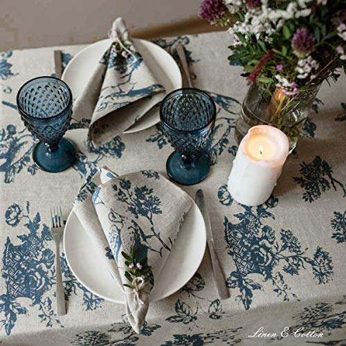 Linen & Cotton Servilletas de Mesa de Madera Decoración de la Mesa Flores Diseño Floral -100% Lino, Azul Beige Natural (43 x 43cm) Shabby Chic Vintage Rústico para el Hogar Sala de Estar Campo Cabaña