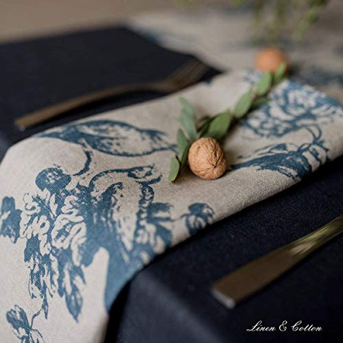 Linen & Cotton Servilletas de Mesa de Madera Decoración de la Mesa Flores Diseño Floral -100% Lino, Azul Beige Natural (43 x 43cm) Shabby Chic Vintage Rústico para el Hogar Sala de Estar Campo Cabaña
