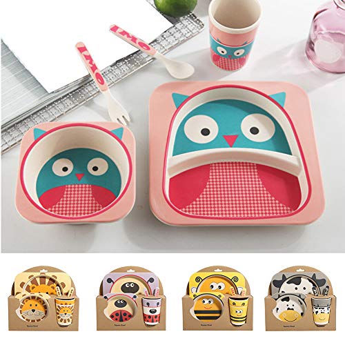Lionina - Vajilla infantil con cuenco + plato + cuchara + tenedores + taza, fibra de bambú no tóxica, resistente al calor, vajilla para bebé/niños/niños/bebés/Trottie, 2, Tamaño libre