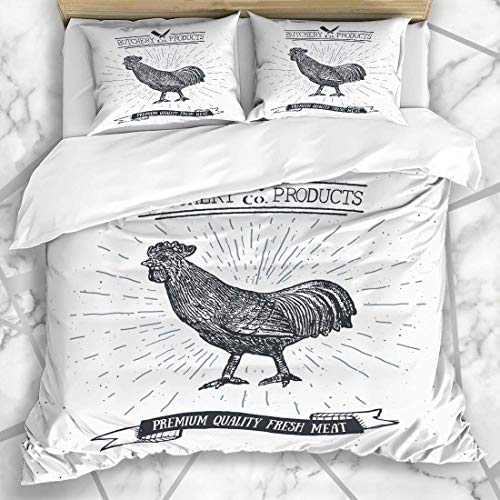 LISUMAL Ropa de Cama - Funda nórdica Cortar Carnicero Granja Emblema Vintage Gallo Carne Cocinero Carnicería Retro Diseño Microfibra Nuevo Set de Tres Piezas Funda de edredón 220 * 240