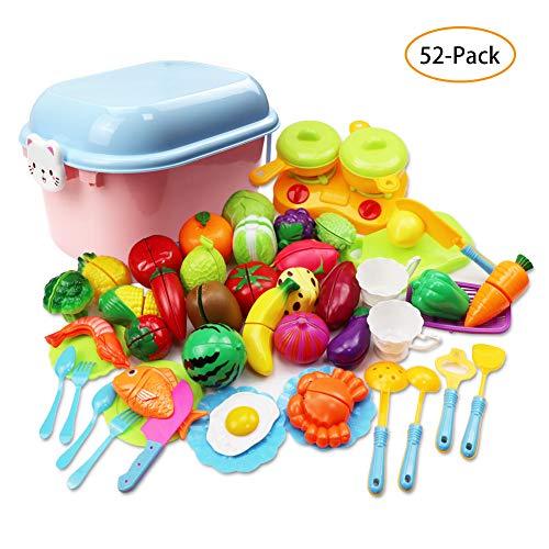LIVEHITOP Alimentos de Juguetes 52 Piezas Juguetes de Cocina Cortar Frutas Verduras Temprano Desarrollo Educación Bebé Niños Juegos