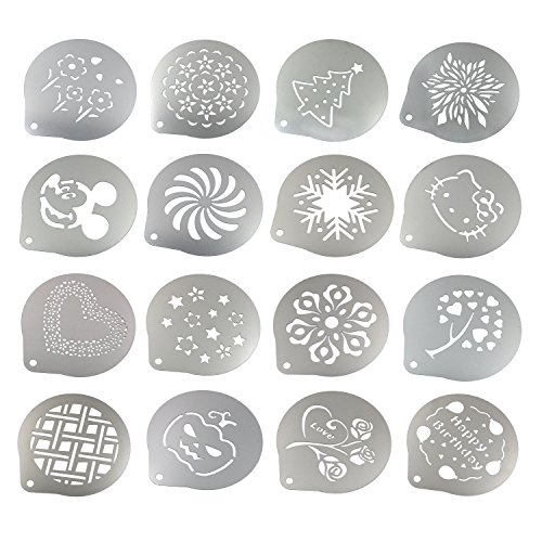 Lofekea - Plantillas de café barista, 16 plantillas de acero inoxidable para decoración de café con latte, capuchino o magdalenas