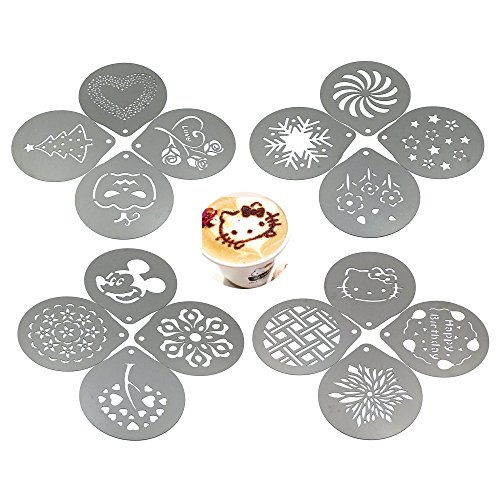 Lofekea - Plantillas de café barista, 16 plantillas de acero inoxidable para decoración de café con latte, capuchino o magdalenas