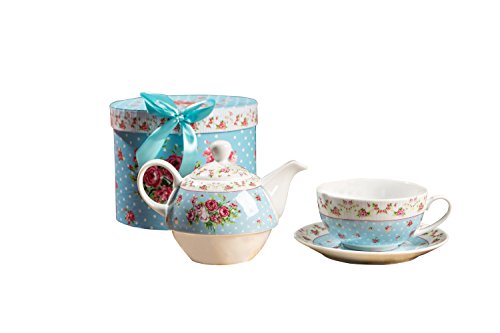 London Boutique - Tetera y Taza de Porcelana para una Tetera (Porcelana), diseño de Flores de Victoria Flora, Color Azul