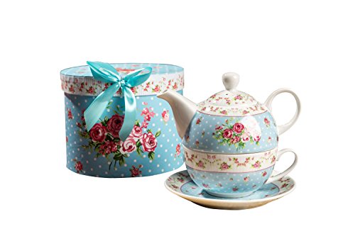 London Boutique - Tetera y Taza de Porcelana para una Tetera (Porcelana), diseño de Flores de Victoria Flora, Color Azul
