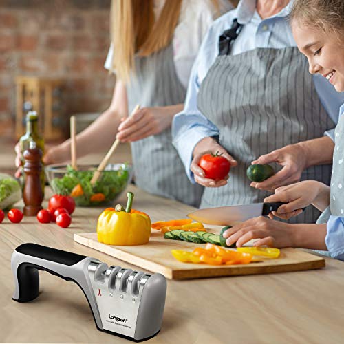 longzon Afilador de Cuchillos,Afilador de Cuchillos Manual, 4 en 1 Afilador Cuchillos Profesional con Guantes Antideslizantes para Cocina, para Cuchillos y Tijeras